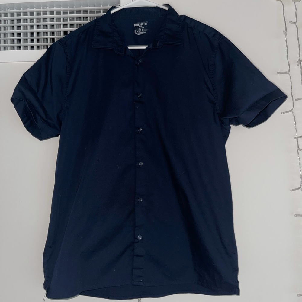 F21 Stretch Navy Blue Button Up